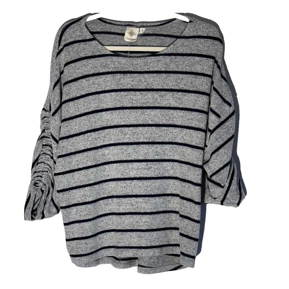 Alkamy Knit Sweater Gray w/ Black strips Ruched Tie Sleeves Ladies M